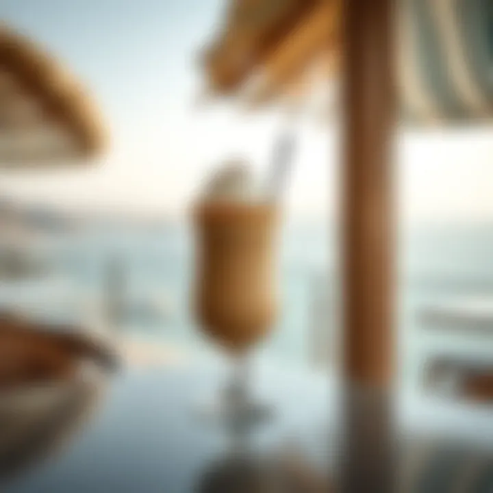 Artistic coffee beverage with scenic backdrop