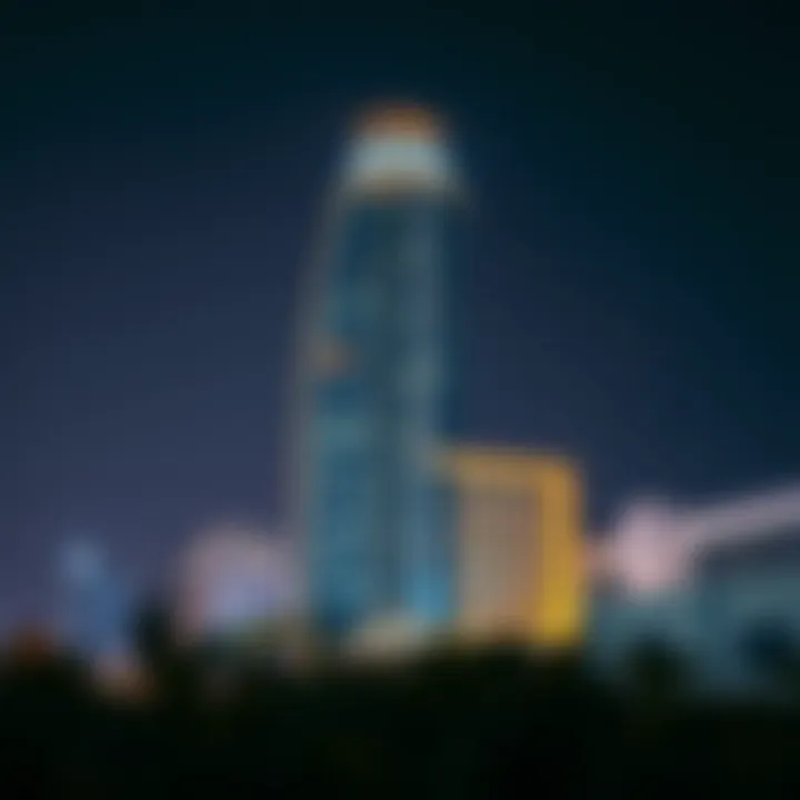 Evening view of the Al Ameri Building illuminated, highlighting its prominence in Dubai
