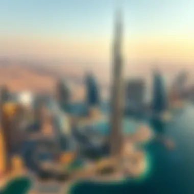 Dubai Skyline with Da Vinci Tower Aerial view of Dubai featuring the Da Vinci Tower as a focal point