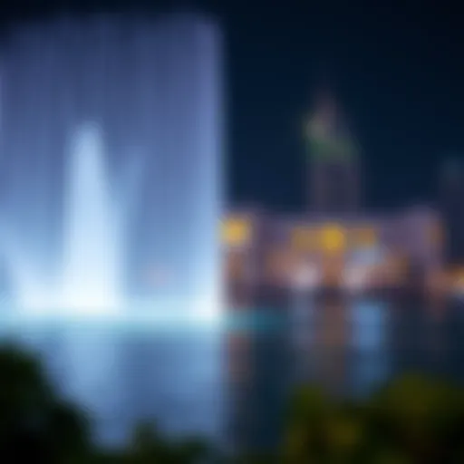 Dubai Fountain's Nighttime Splendor During Ramadan Stunning view of the Dubai Fountain illuminated at night during Ramadan