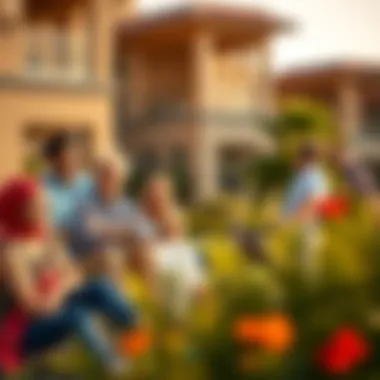 Vibrant community life with residents enjoying outdoor activities