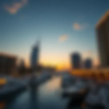 A panoramic sunset view over the Dubai Marina and its vibrant social scene