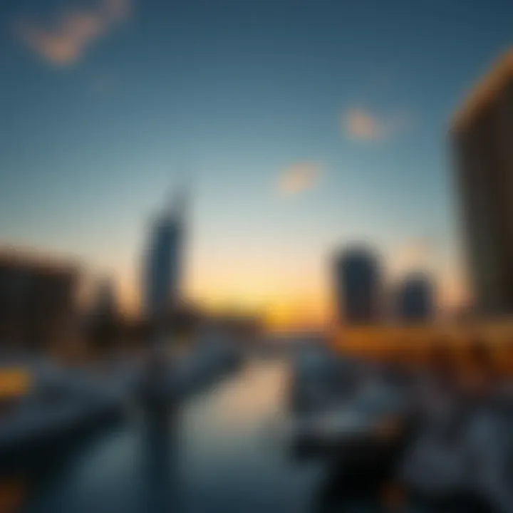 A panoramic sunset view over the Dubai Marina and its vibrant social scene