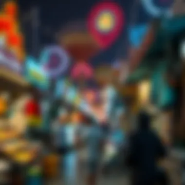 A bustling market scene at night filled with colorful lights and unique goods