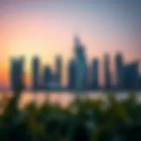 Luxurious hotel skyline in Dubai at sunset