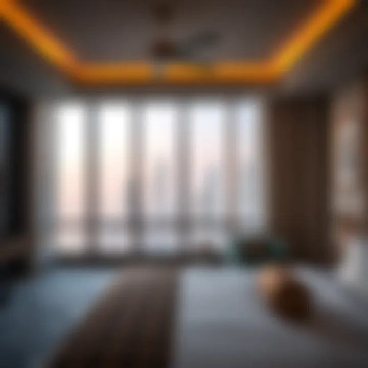 Elegant Hotel Room with a View Trendy hotel room with a stunning view of the Dubai skyline