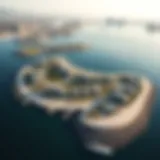 Aerial view of Jumeirah Bay Island showcasing its unique shape and luxury villas