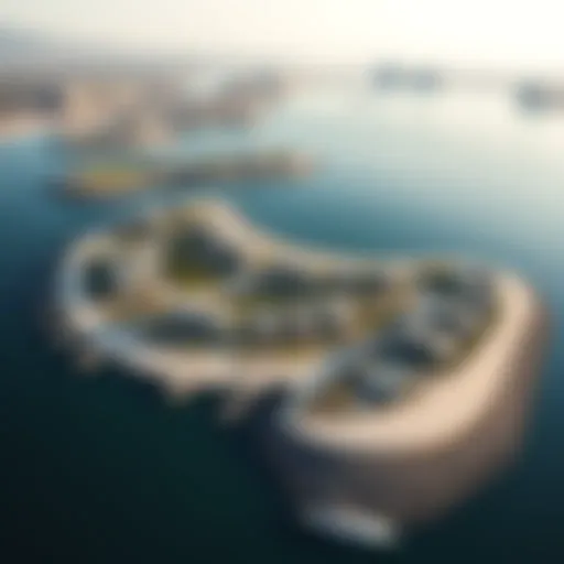 Aerial view of Jumeirah Bay Island showcasing its unique shape and luxury villas