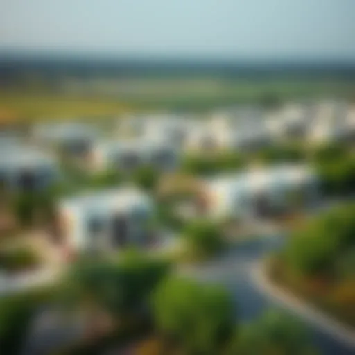 Aerial view of the Mazaya 6 community showcasing its lush green spaces and modern architecture