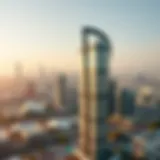 Aerial view of the Single Business Tower showcasing its unique architectural design against the Dubai skyline
