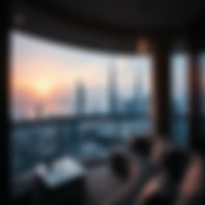 Panoramic view of a Dubai skyline from a studio balcony