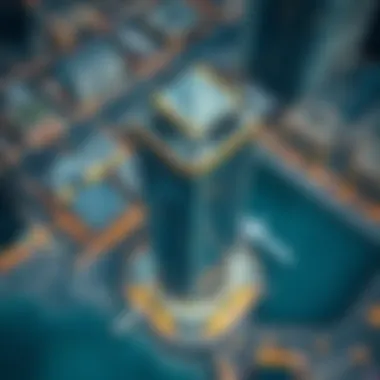 Business Bay's Iconic Opus Building from Above Aerial shot of Business Bay highlighting the Opus Building's location