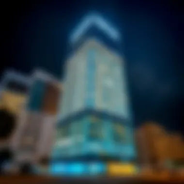 Opus Building Illuminated at Night Night view of the Opus Building illuminated, emphasizing its grandeur