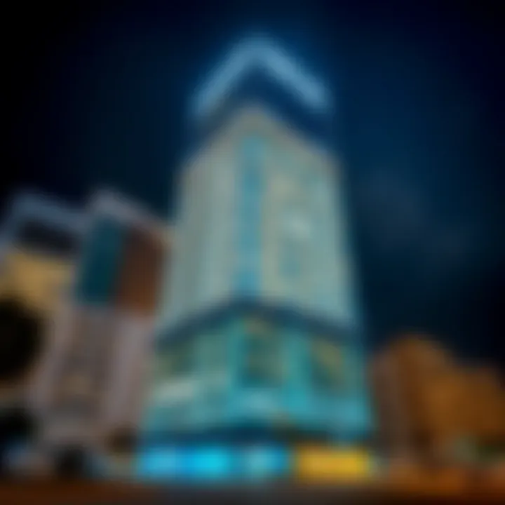 Opus Building Illuminated at Night Night view of the Opus Building illuminated, emphasizing its grandeur