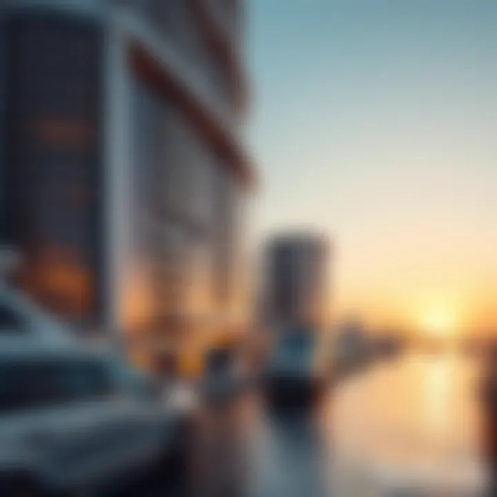 Stunning exterior design of Yacht Bay Tower at sunset