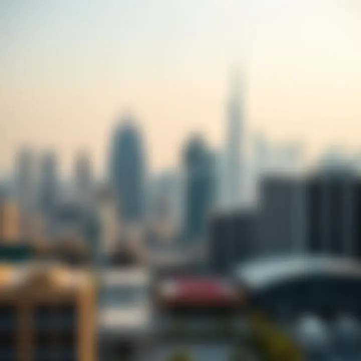 Dubai Skyline: Modern Architecture and Urbanization A vibrant skyline view of Dubai showcasing high-rise buildings and modern architecture