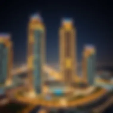 Panoramic view of Nuaimia Towers illuminated at night