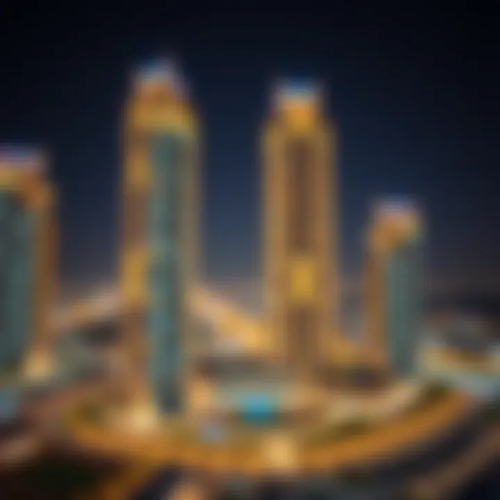 Panoramic view of Nuaimia Towers illuminated at night