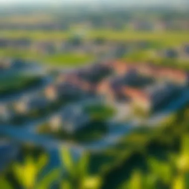 Aerial View of Sobha Hartland Aerial view of Sobha Hartland community showcasing residential complexes and green spaces