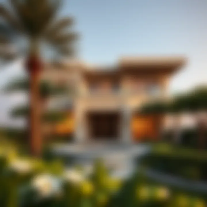 Unique Landscaping of a Villa in Dubai Stunning exterior view of a villa in Dubai with unique landscaping