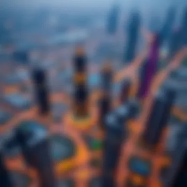 Aerial perspective of urban development featuring multiple towers in Dubai