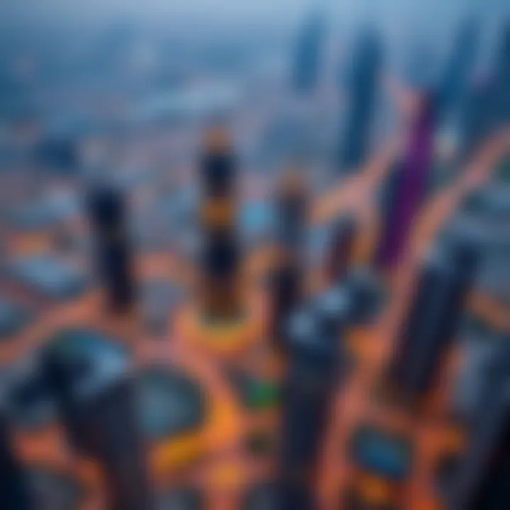 Aerial perspective of urban development featuring multiple towers in Dubai